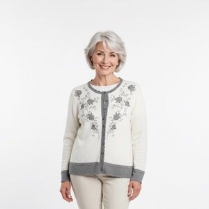 Women's Floral Embroidered Cardigan Sweater - White and Gray
